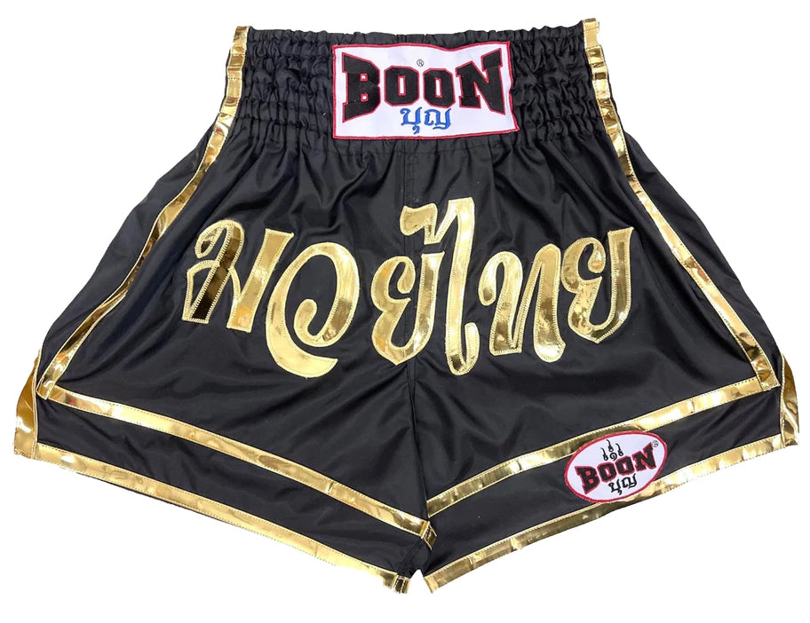 泰拳褲 Muay Thai Shorts: MN32 Boon BLACK & GOLD (nylon)